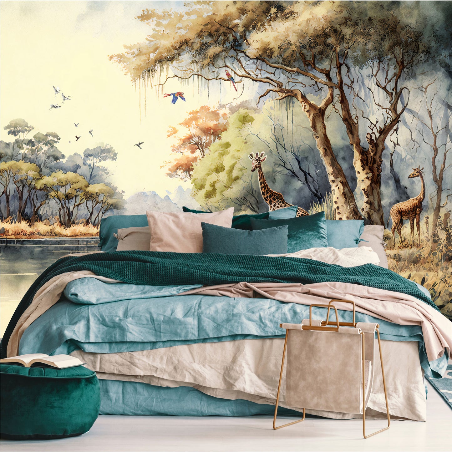 Mural bosque tropical africano con árboles junto a un río con jirafas - MT332