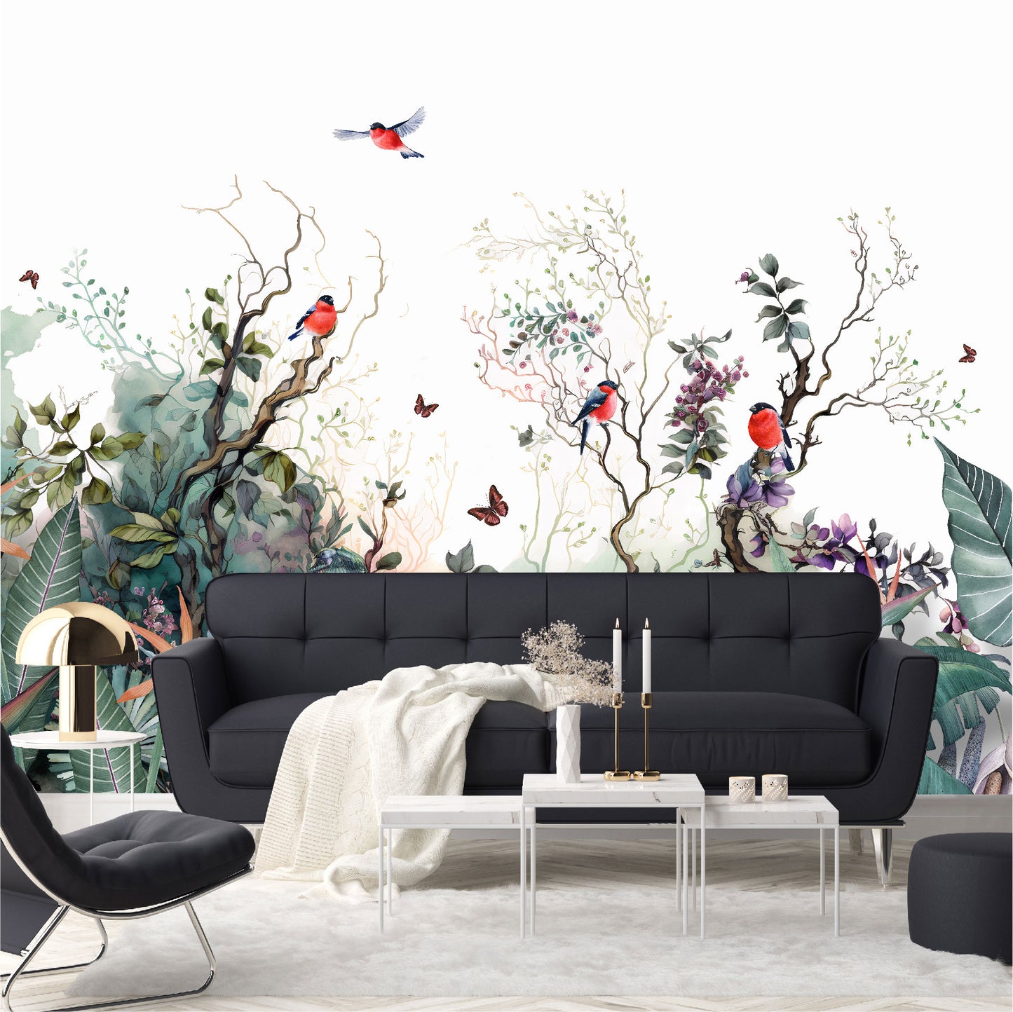 Mural paisaje de ramas con flores, pájaros y mariposas - MT364