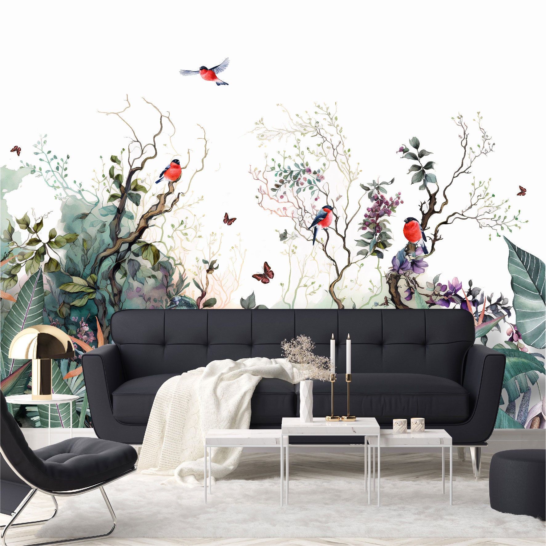 Mural paisaje de ramas con flores, pájaros y mariposas - MT364