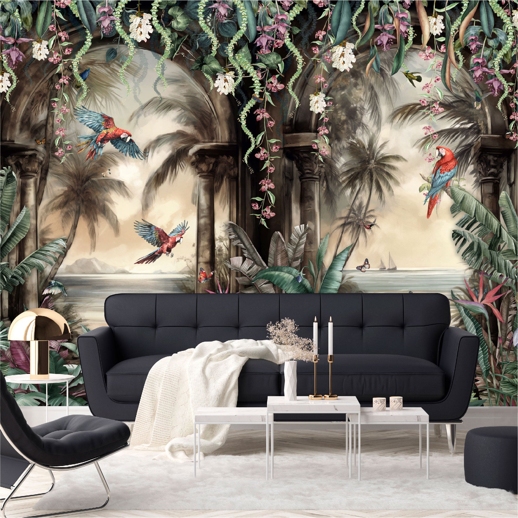 Mural Arco Tropical con loros en el bosque  - MT443