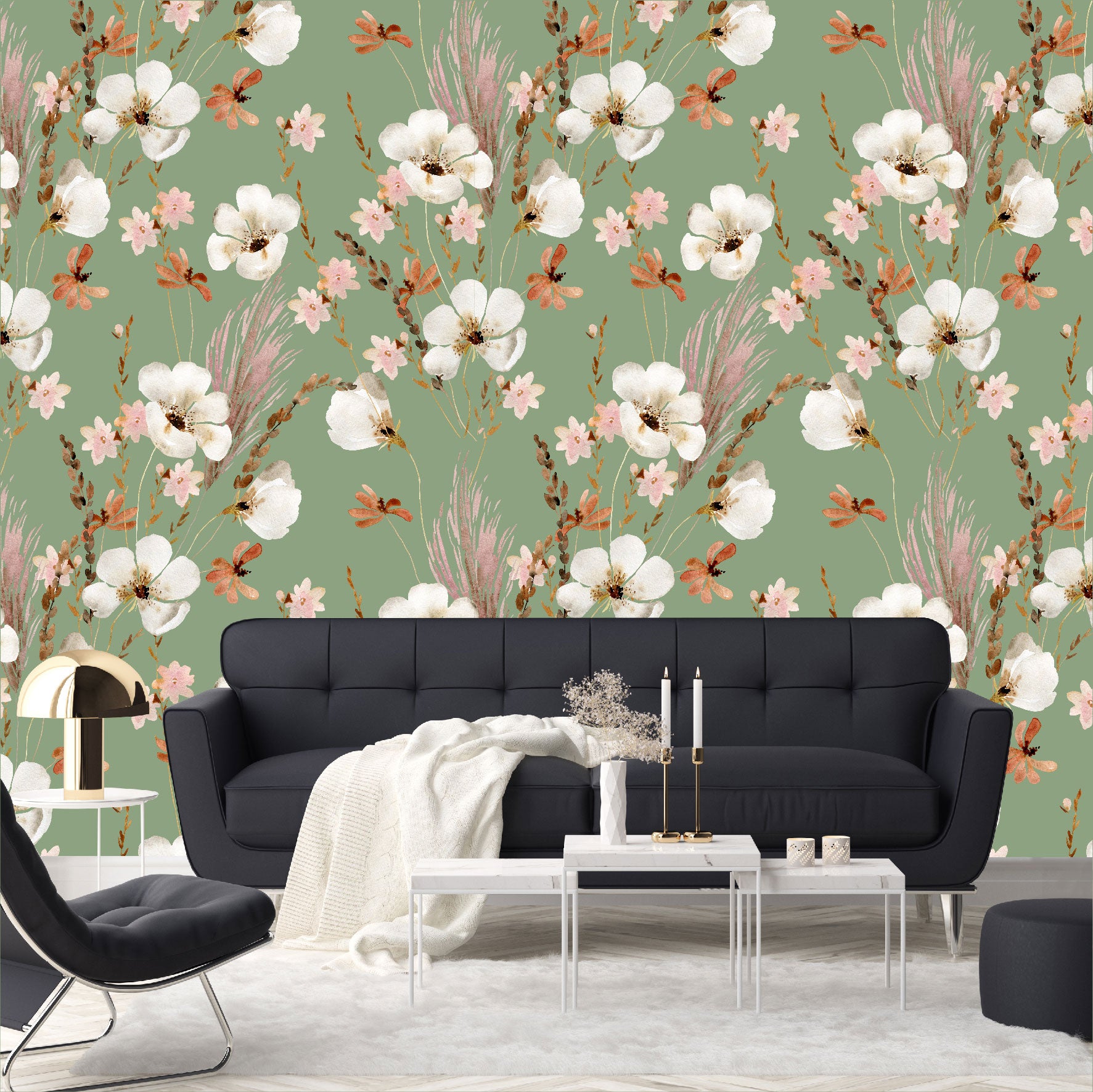 Mural Mate Flores Acuareladas con Fondo Verde - MT431