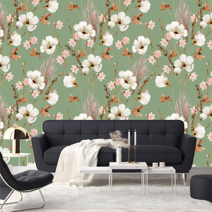 Mural Mate Flores Acuareladas con Fondo Verde - MT431