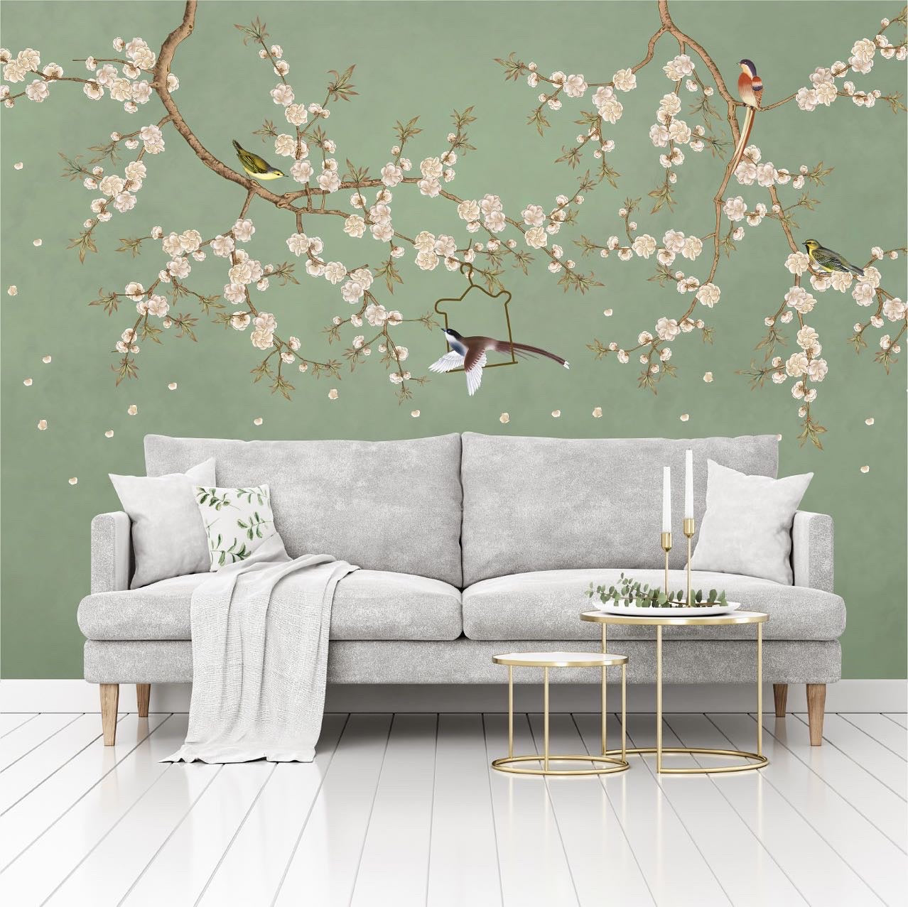 Mural Vintage Ramas con Flores y Pajaritos - MT227