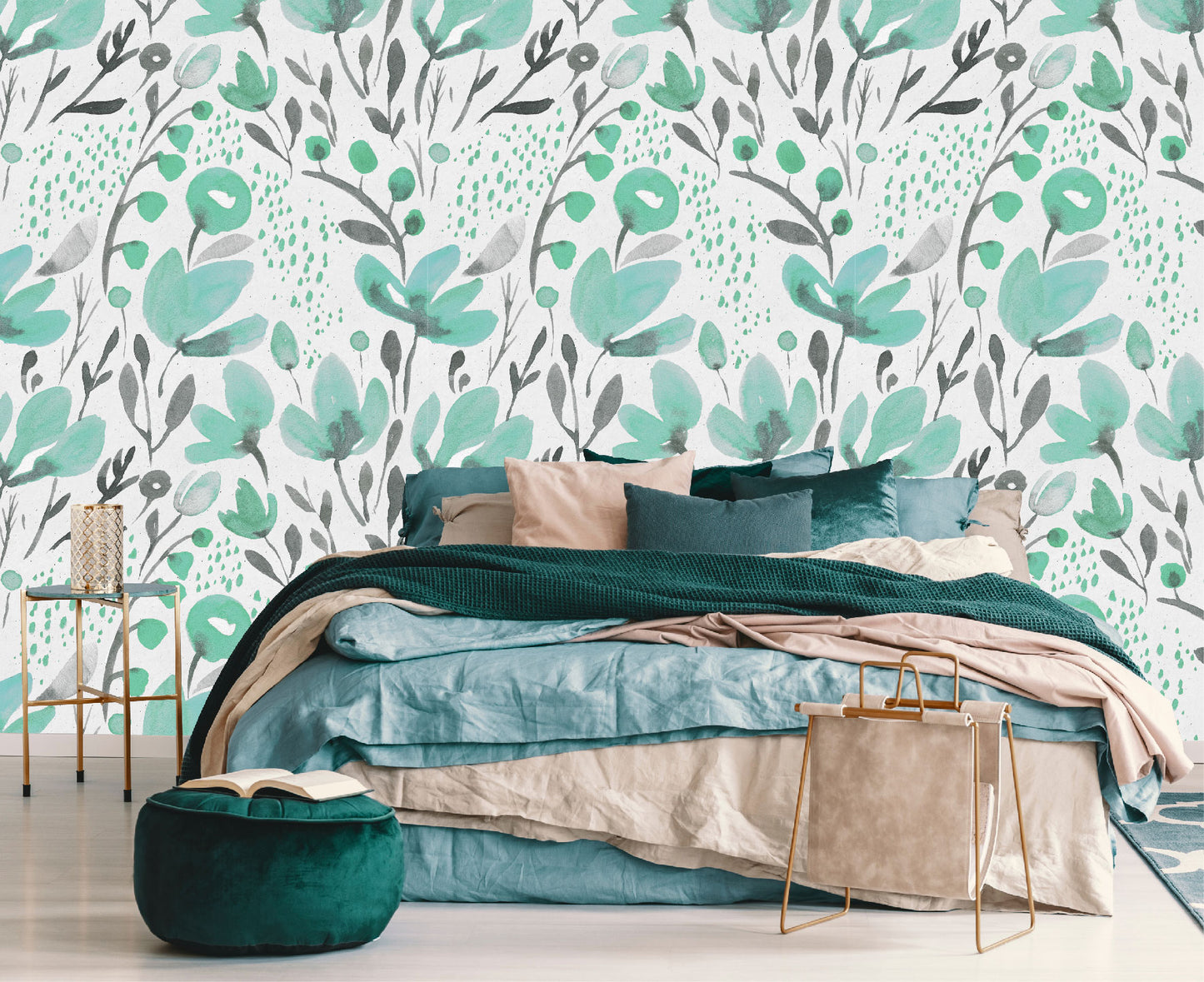 Mural Tropical Flores Acuarela Verde Aqua - MT120
