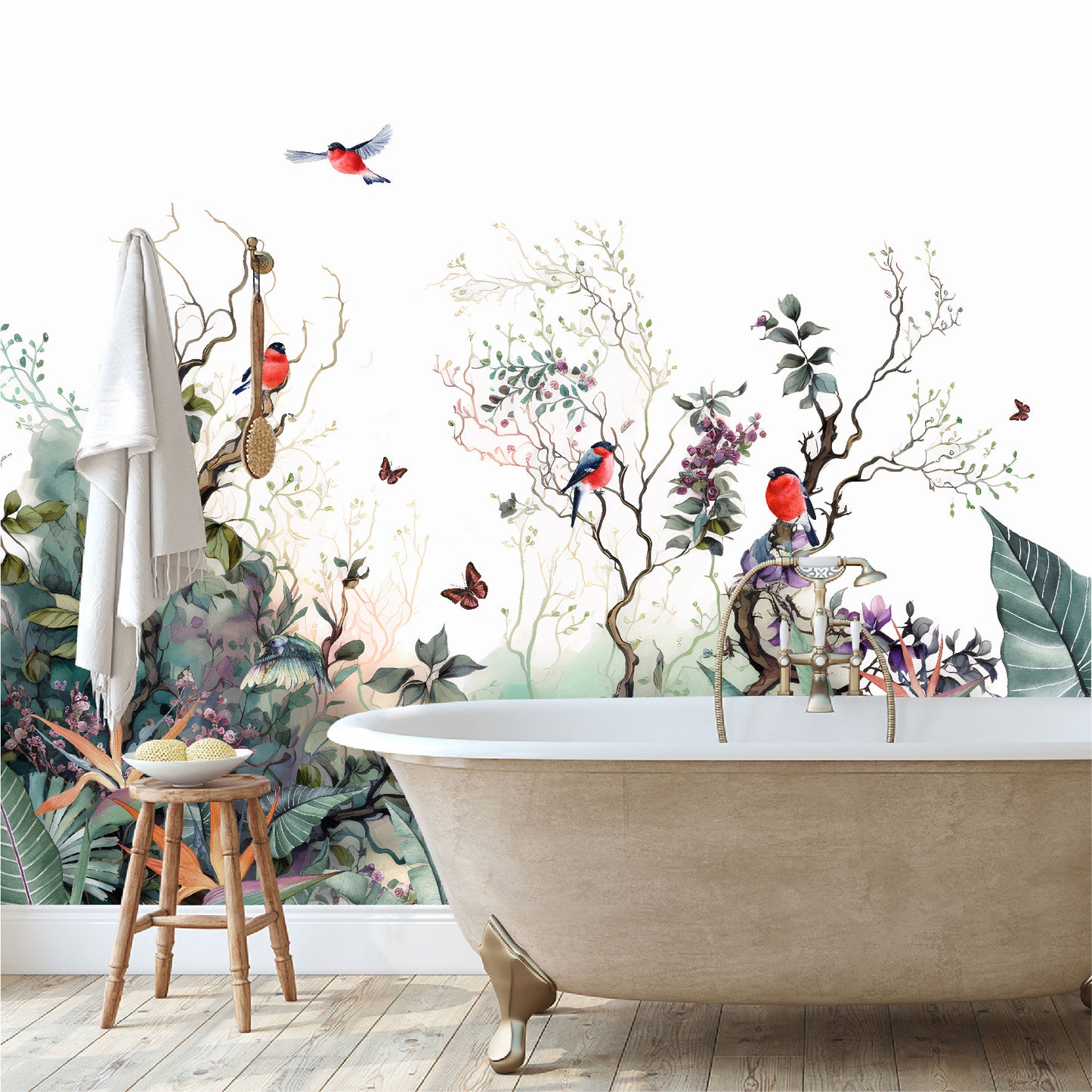 Mural paisaje de ramas con flores, pájaros y mariposas - MT364
