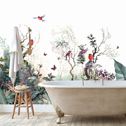 Mural paisaje de ramas con flores, pájaros y mariposas - MT364
