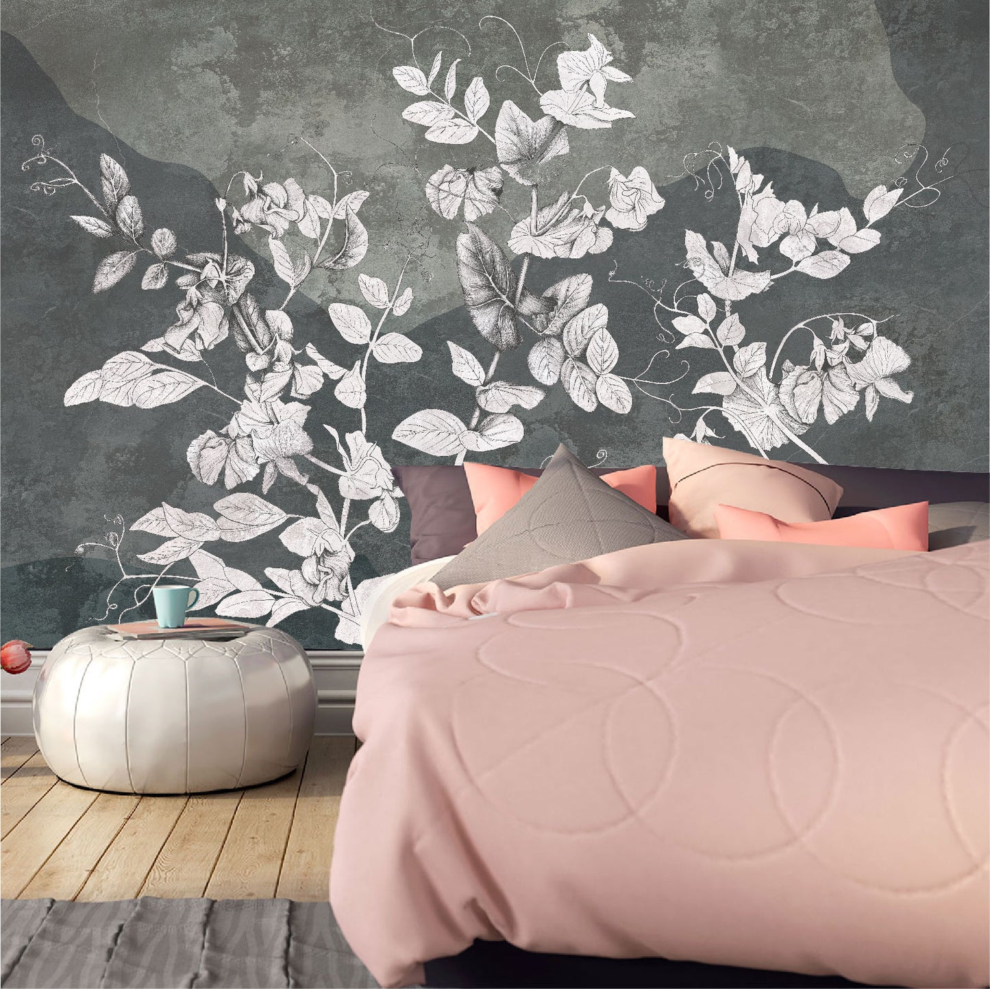 Mural Flores Blancas en pared de hormigón - MT395