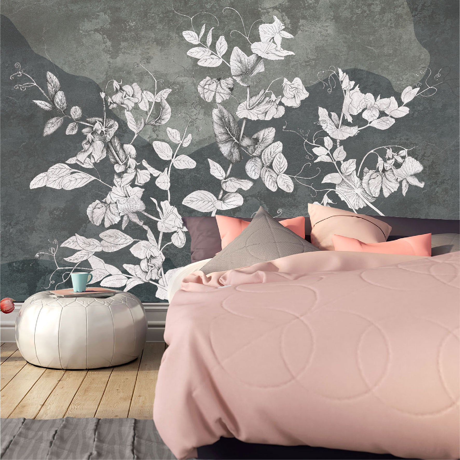 Mural Flores Blancas en pared de hormigón - MT395