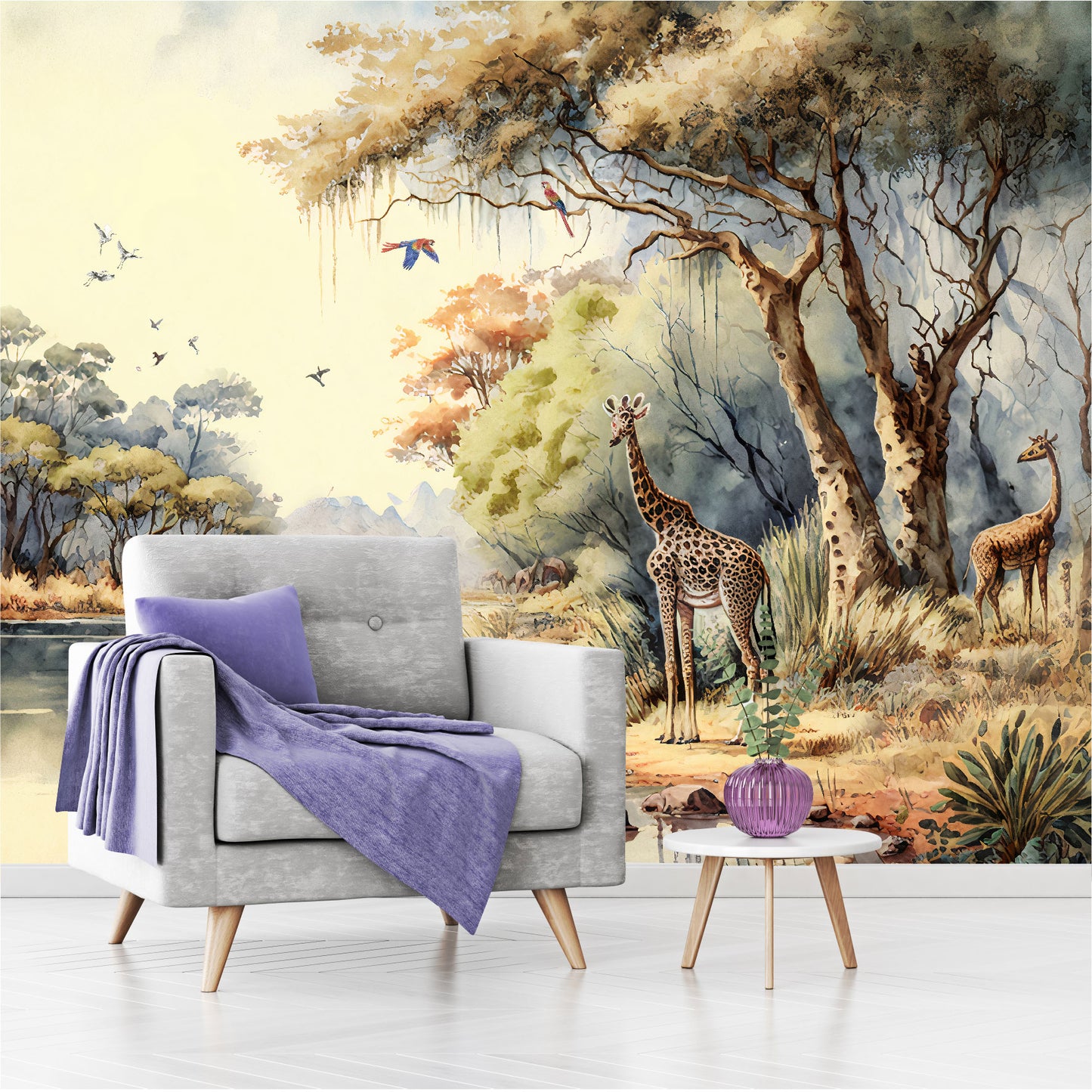 Mural bosque tropical africano con árboles junto a un río con jirafas - MT332