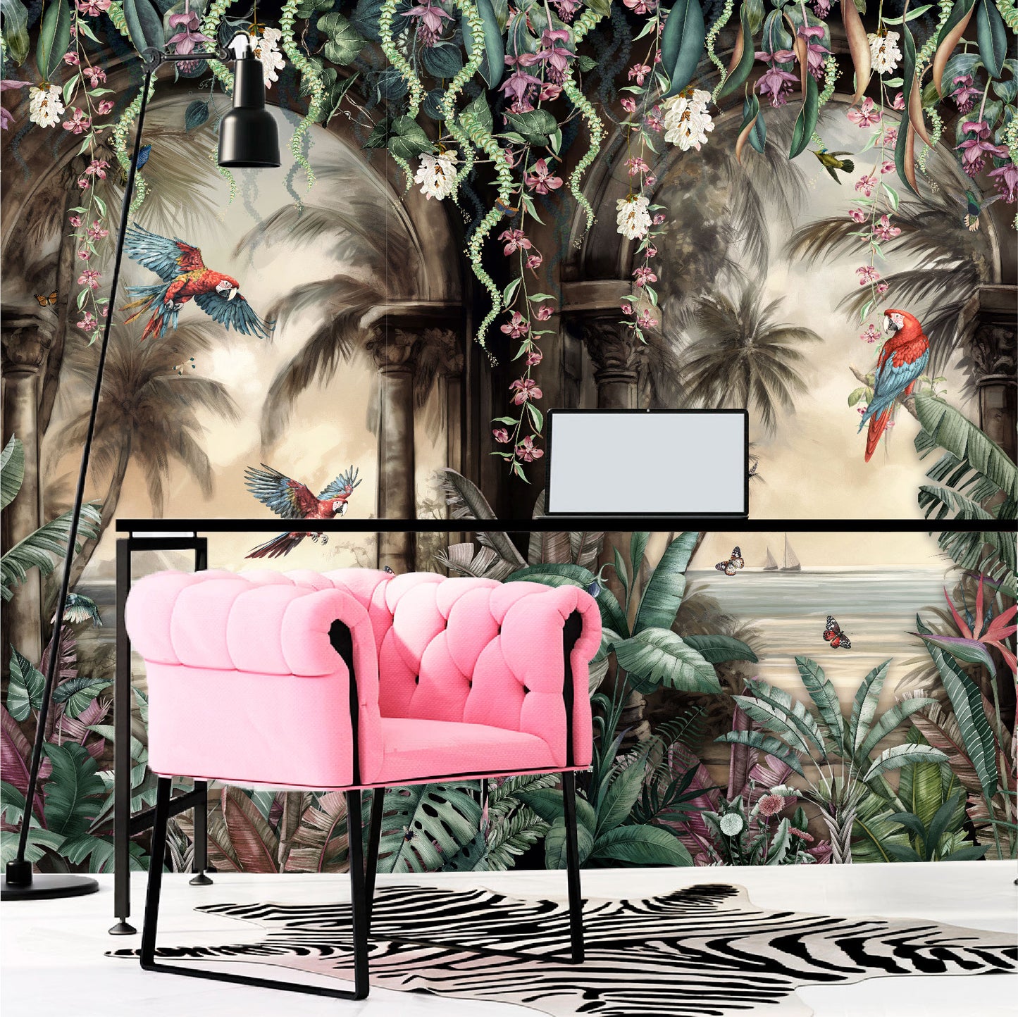 Mural Arco Tropical con loros en el bosque  - MT443