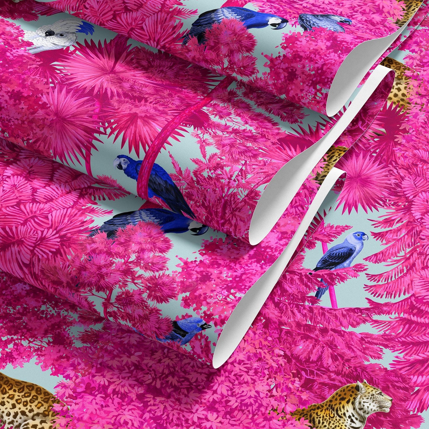 Patrón Jungla Fucsia con Leopardos y Loros - MT614