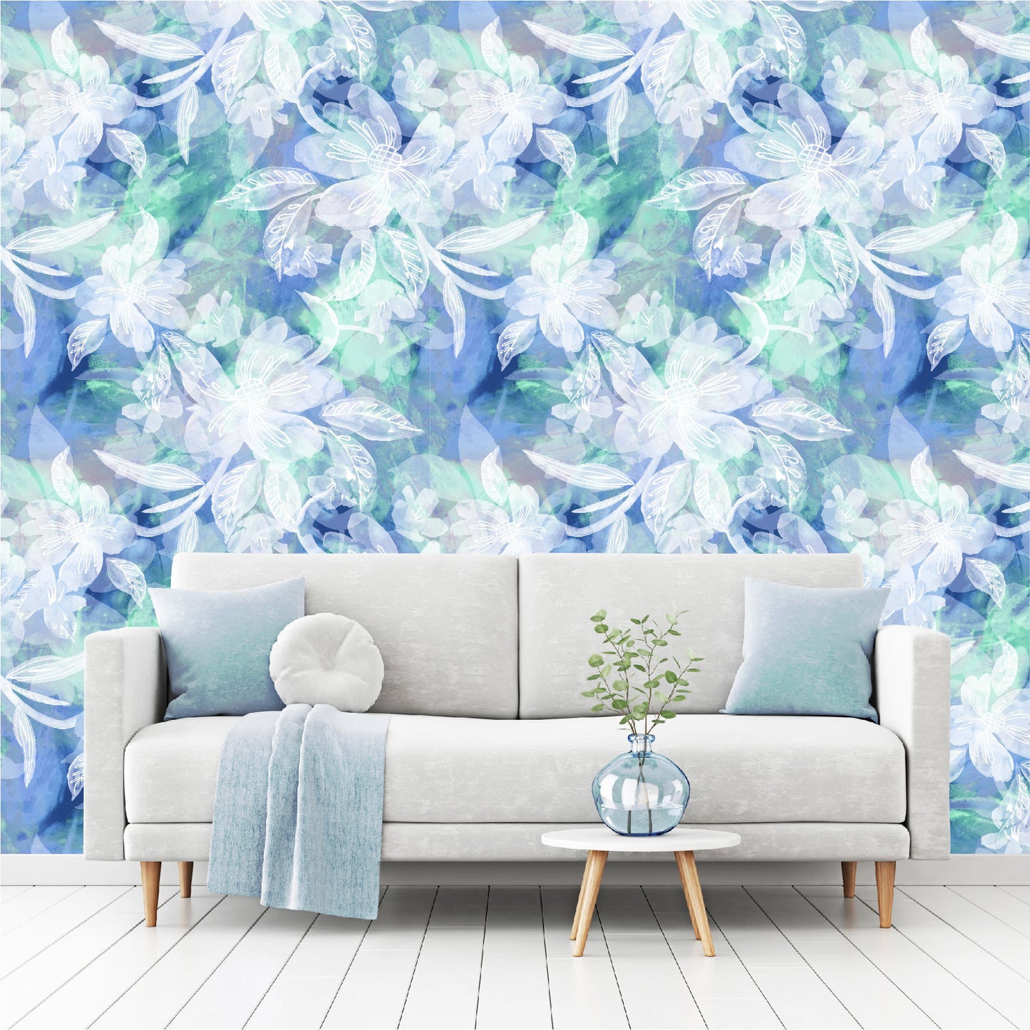 Mural Flores Blancas con fondo acuarelado - MT360