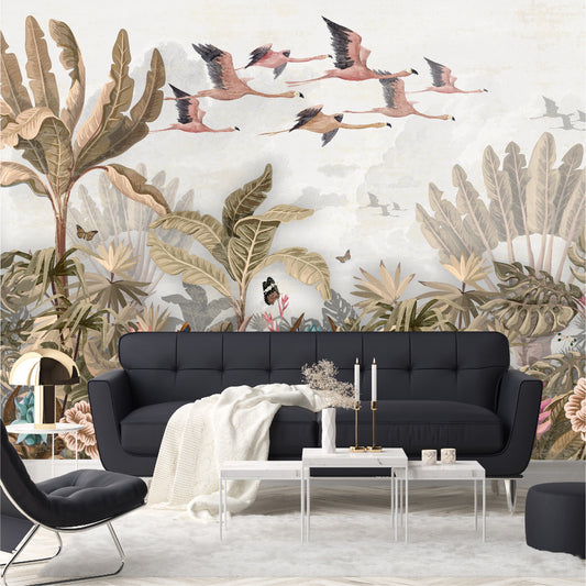 Mural Tropical Flamencos Voladores - MT276