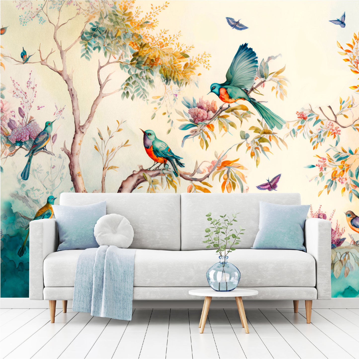 Mural Paisaje forestal con pájaros, mariposas y árboles - MT330