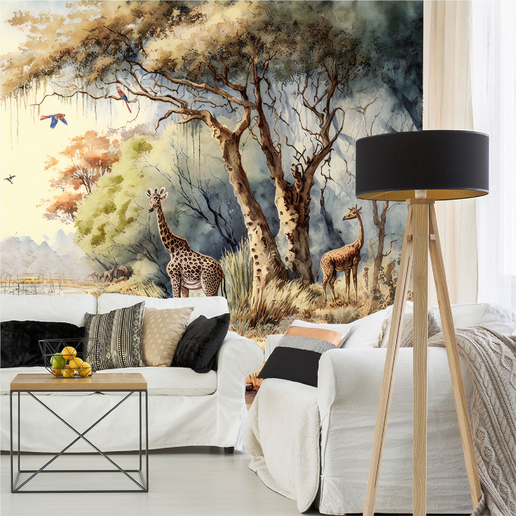 Mural bosque tropical africano con árboles junto a un río con jirafas - MT332