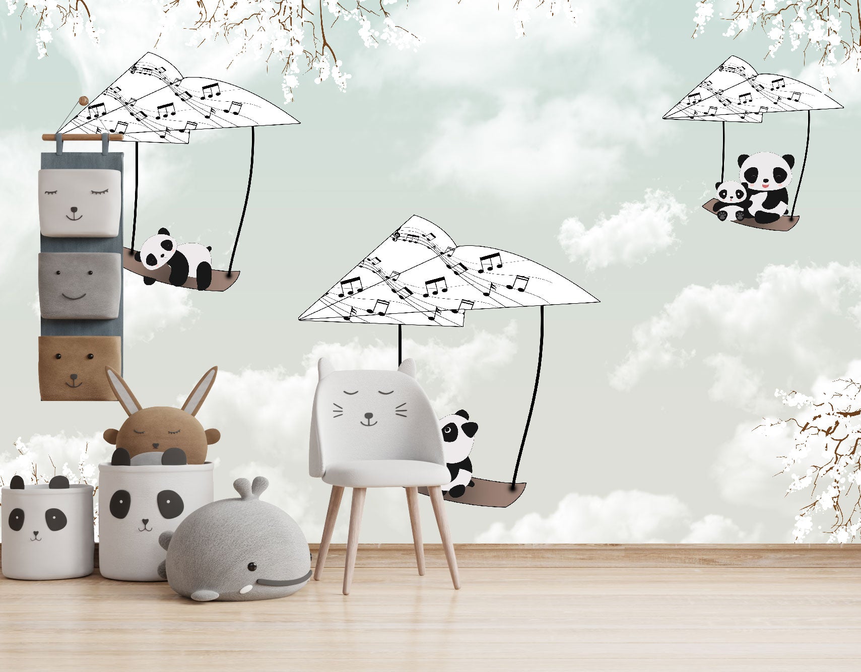 Mural Pandas Voladores en Notas Musicales - MI018