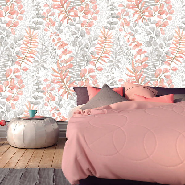 Mural Hojas Tropicales con rosa pastel - MT201