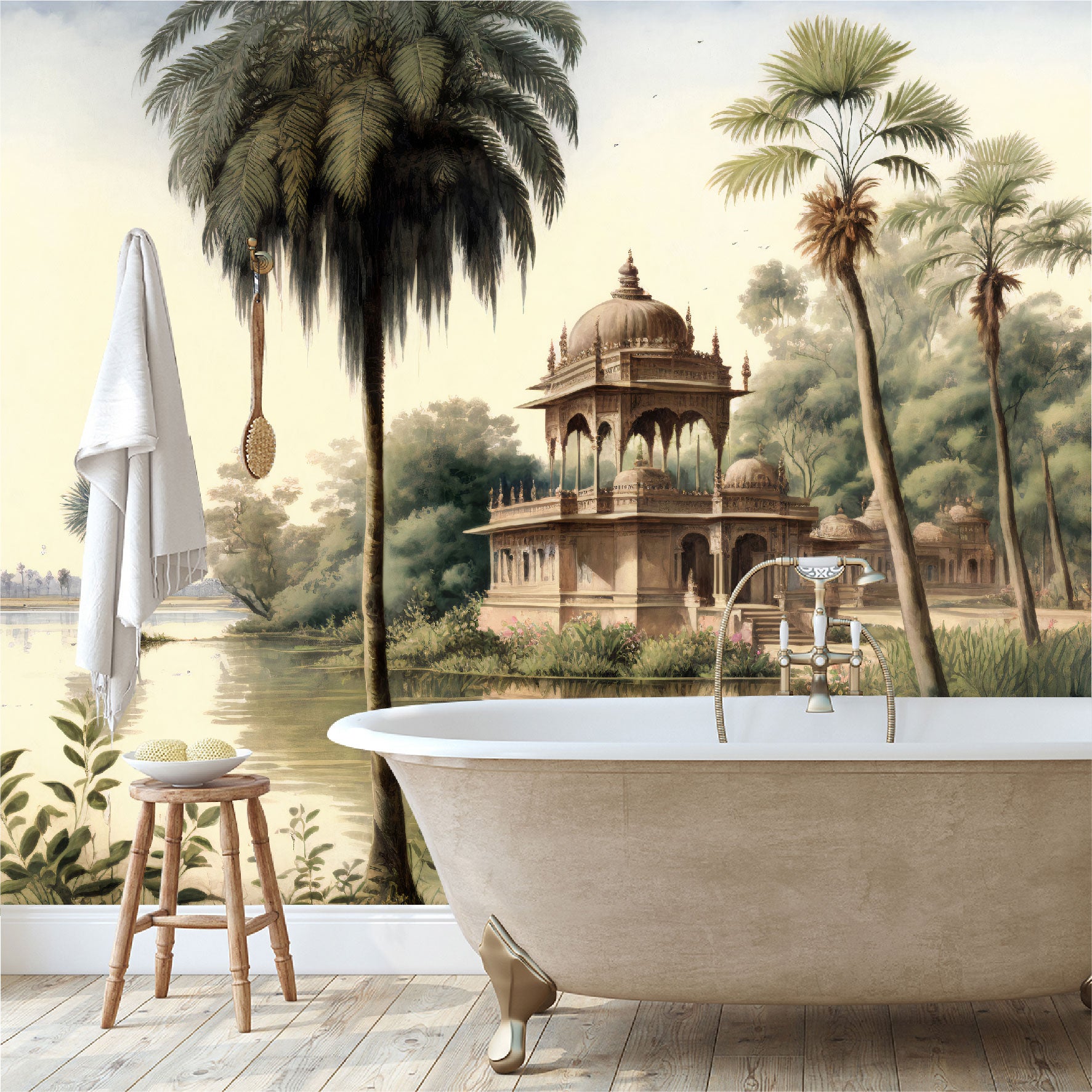 Mural paisaje de palmeras y orillas de los ríos de la India con templos  - MT327