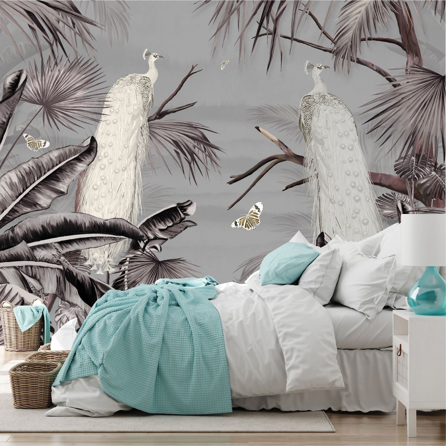 Mural Árboles tropicales Palma y pavos reales blancos  - MT489