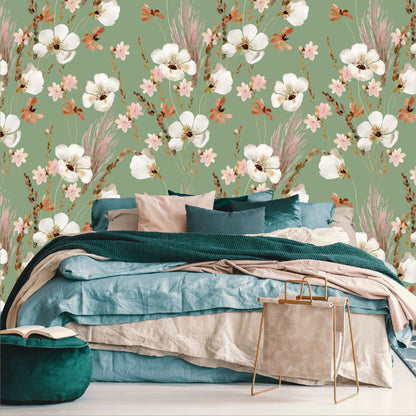 Mural Mate Flores Acuareladas con Fondo Verde - MT431