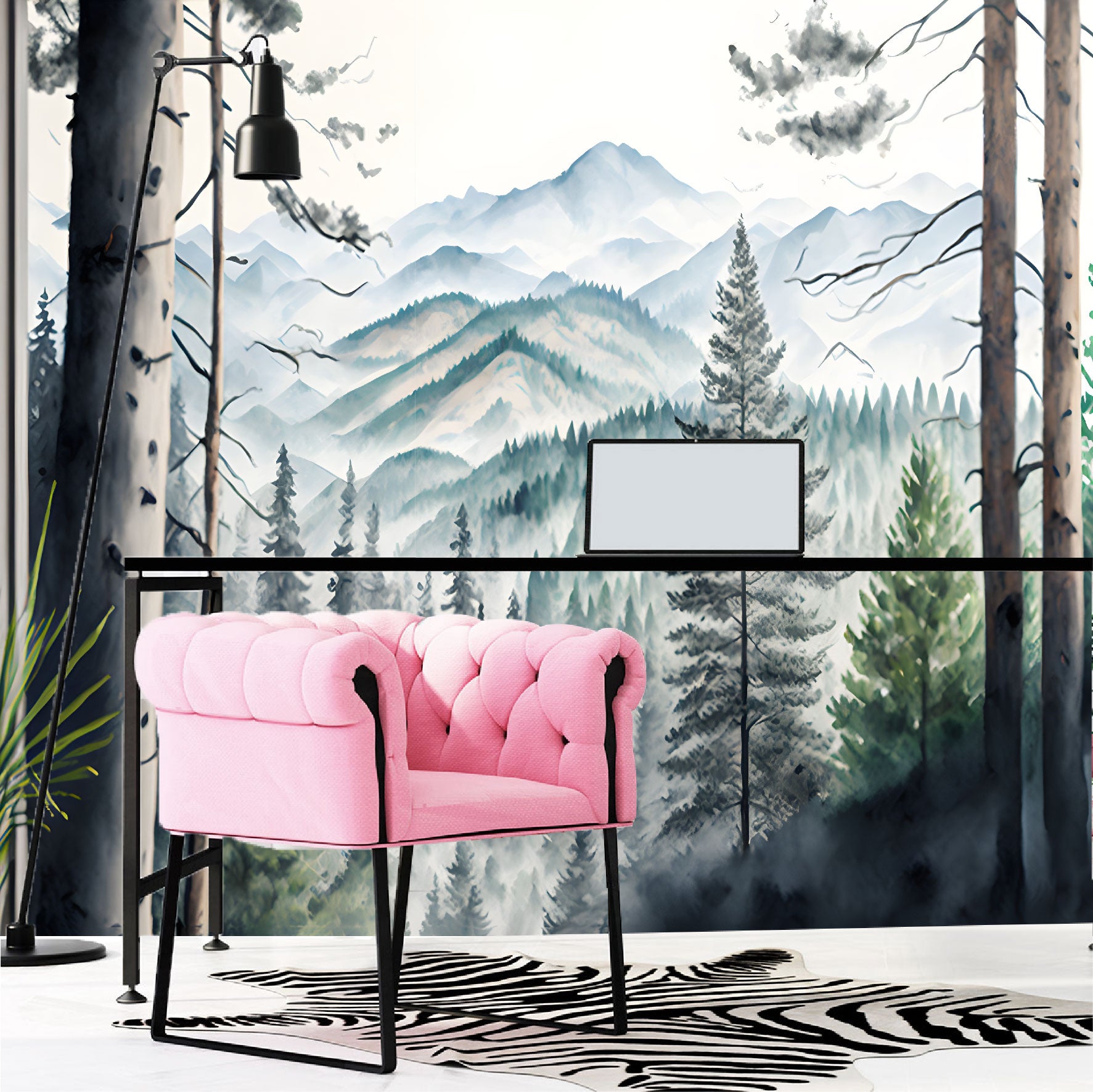 Mural montañas con bosque tropical acuarelado - MT367
