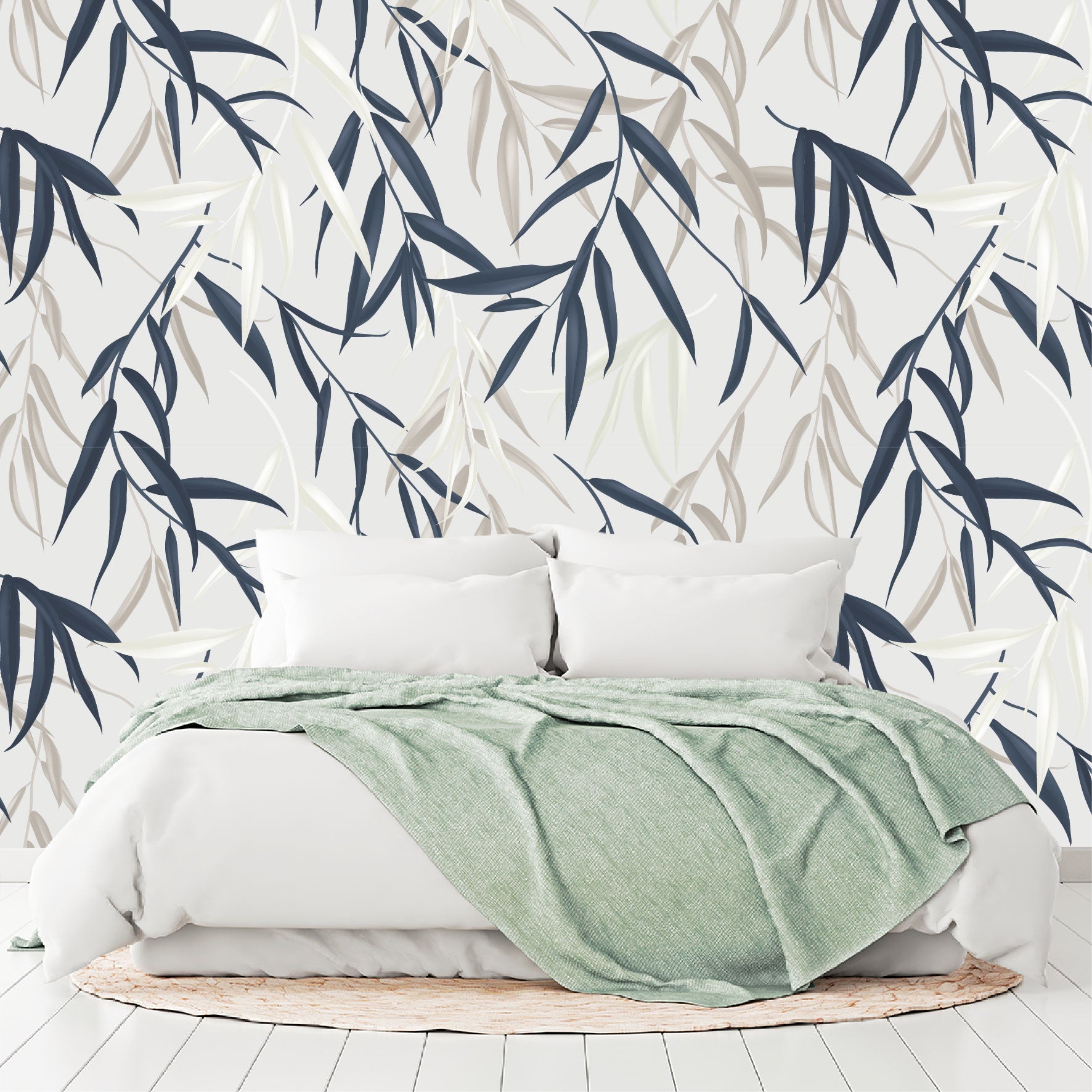 Mural Tropical Hojas Azules Grises y Blancas - MT127