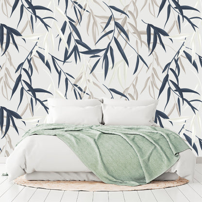 Mural Tropical Hojas Azules Grises y Blancas - MT127