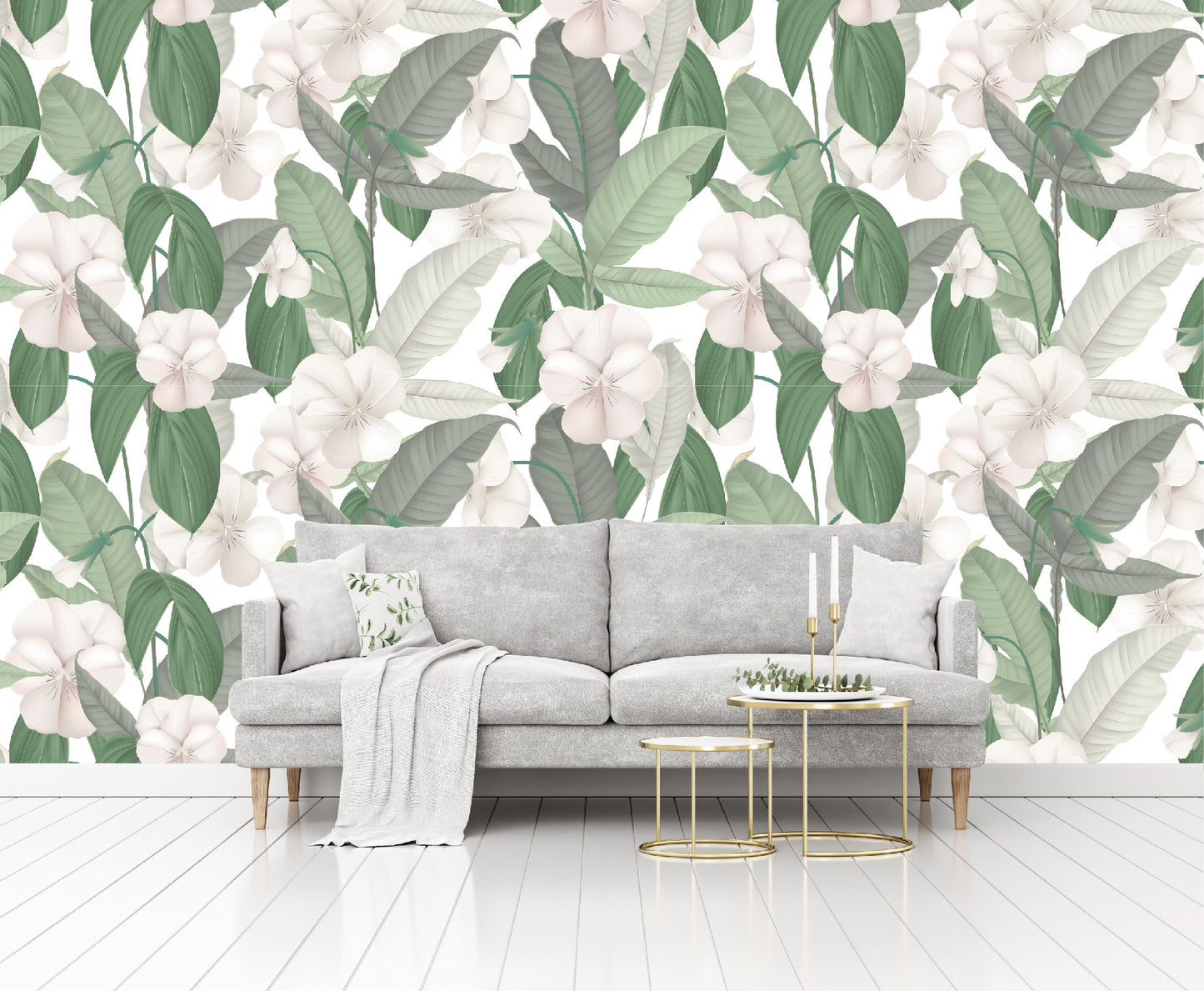 Mural Tropical Hojas Verdes con Flores Blancas - MT126