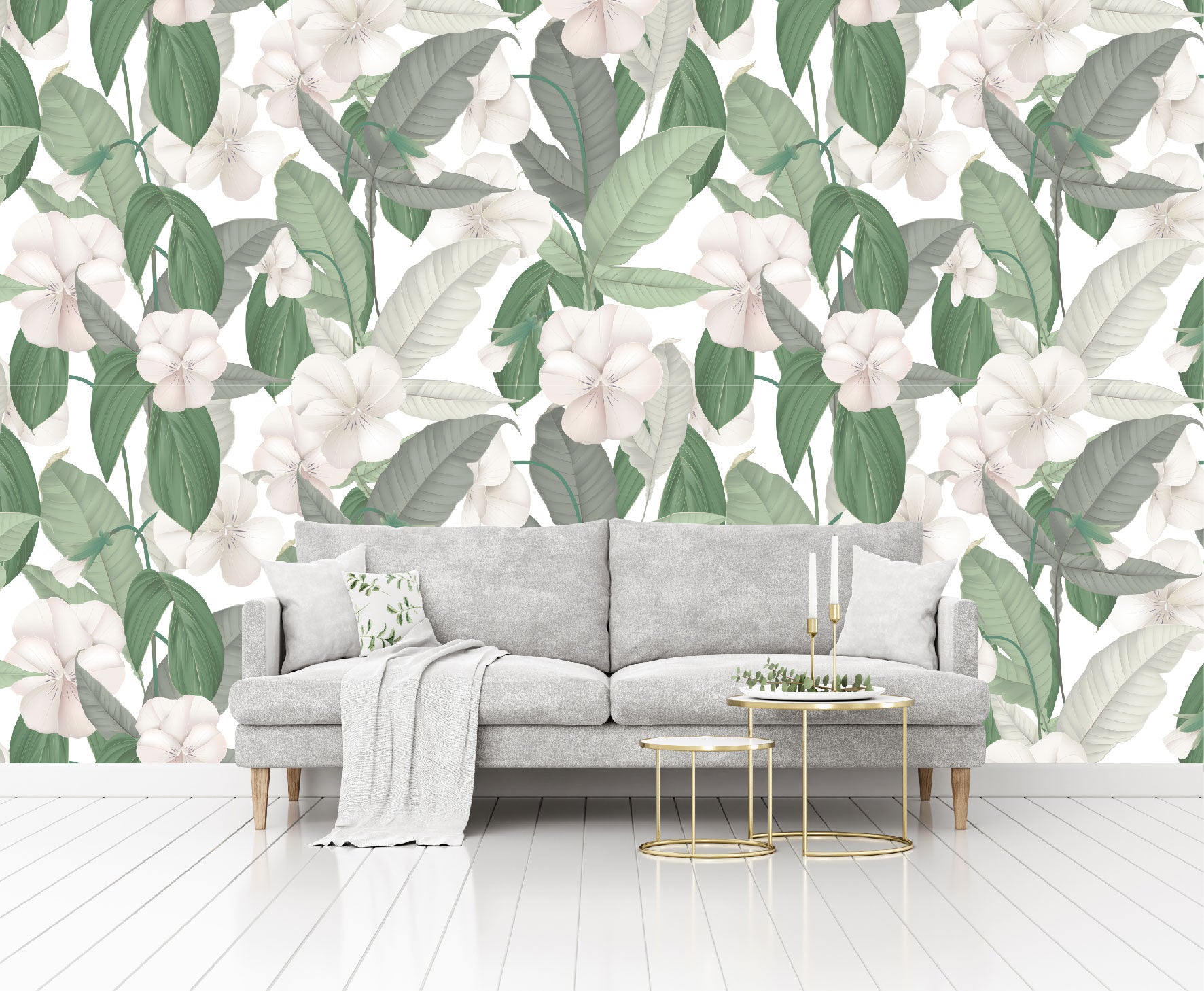 Mural Tropical Hojas Verdes con Flores Blancas - MT126
