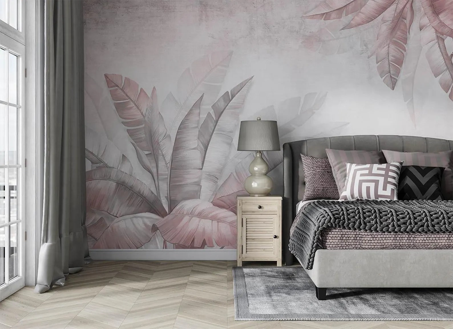 Mural Hojas Rosas Suaves - MT593