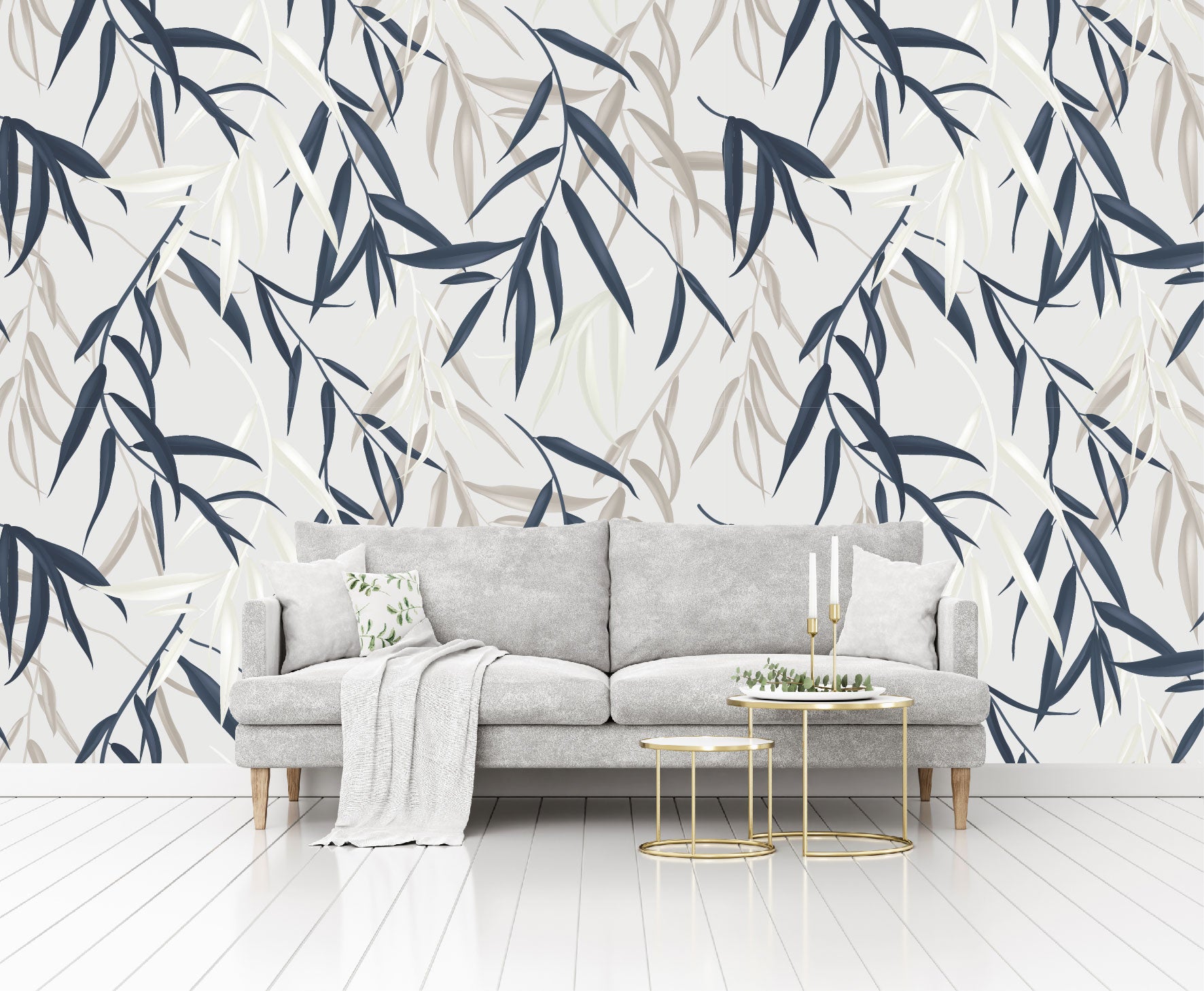 Mural Tropical Hojas Azules Grises y Blancas - MT127