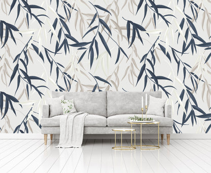 Mural Tropical Hojas Azules Grises y Blancas - MT127