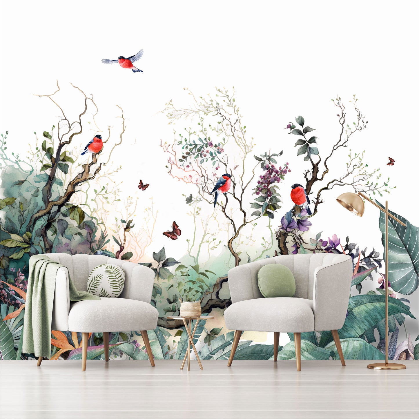 Mural paisaje de ramas con flores, pájaros y mariposas - MT364