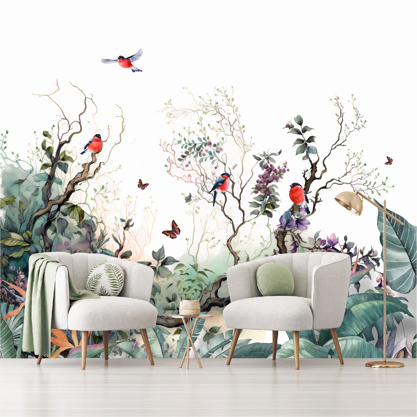 Mural paisaje de ramas con flores, pájaros y mariposas - MT364