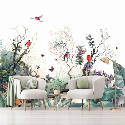 Mural paisaje de ramas con flores, pájaros y mariposas - MT364