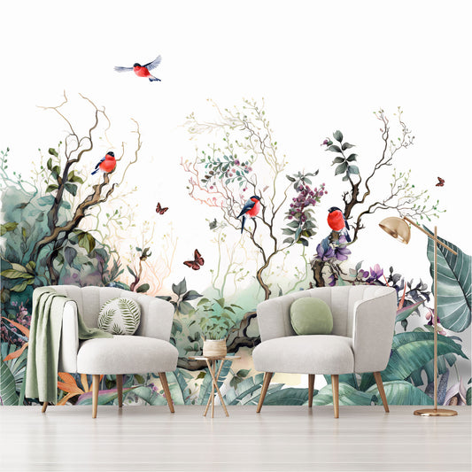 Mural paisaje de ramas con flores, pájaros y mariposas - MT364