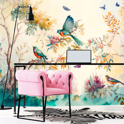 Mural Paisaje forestal con pájaros, mariposas y árboles - MT330