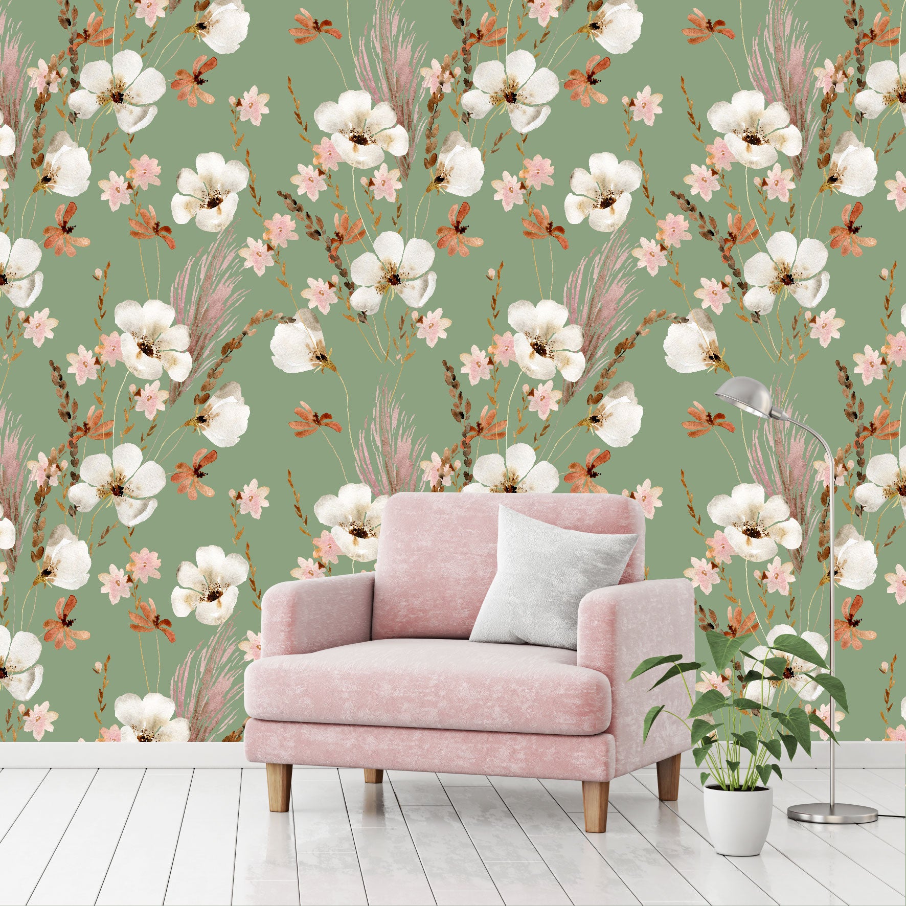Mural Mate Flores Acuareladas con Fondo Verde - MT431