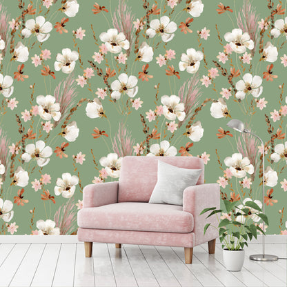 Mural Mate Flores Acuareladas con Fondo Verde - MT431