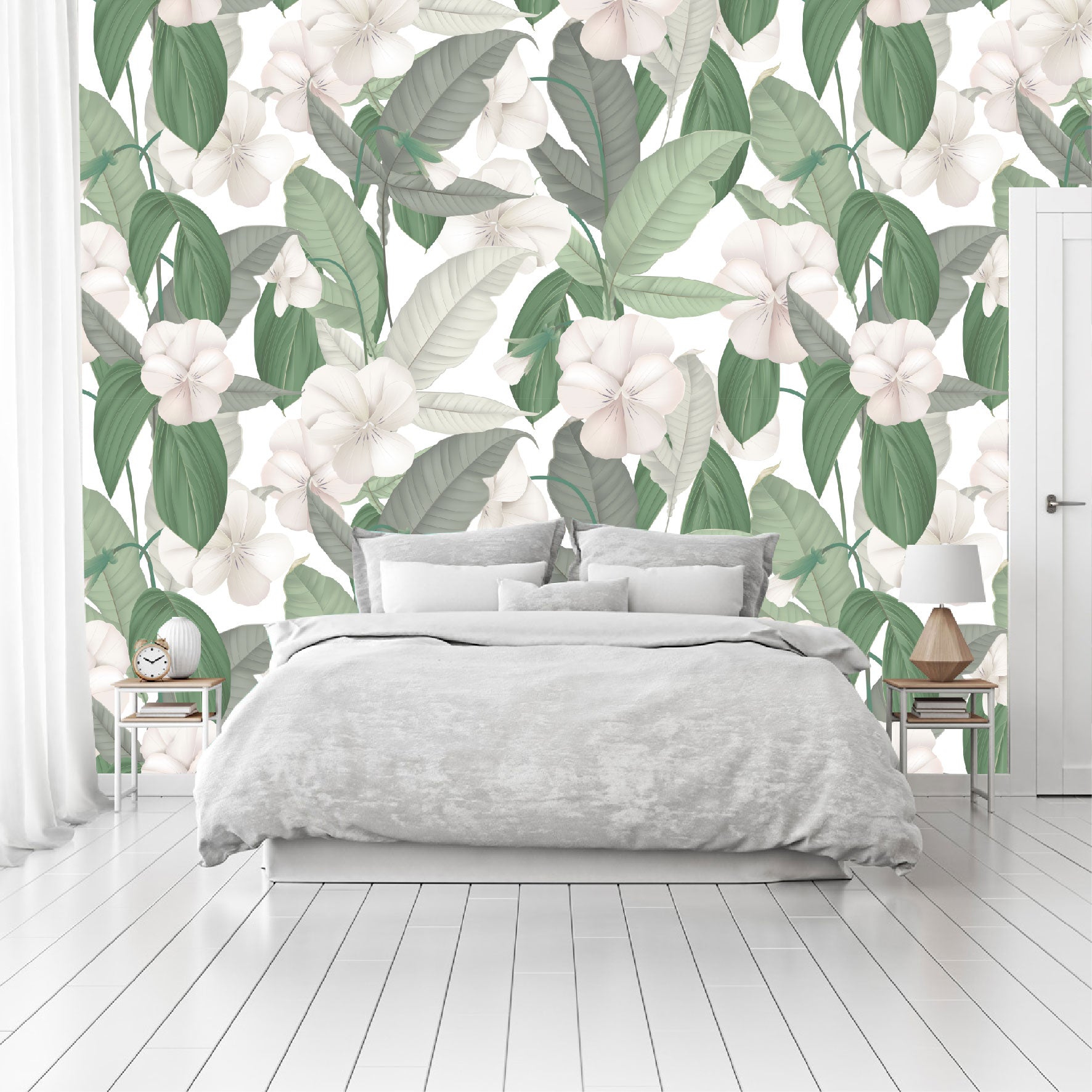 Mural Tropical Hojas Verdes con Flores Blancas - MT126