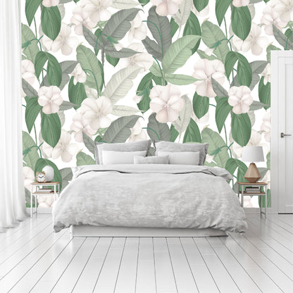 Mural Tropical Hojas Verdes con Flores Blancas - MT126
