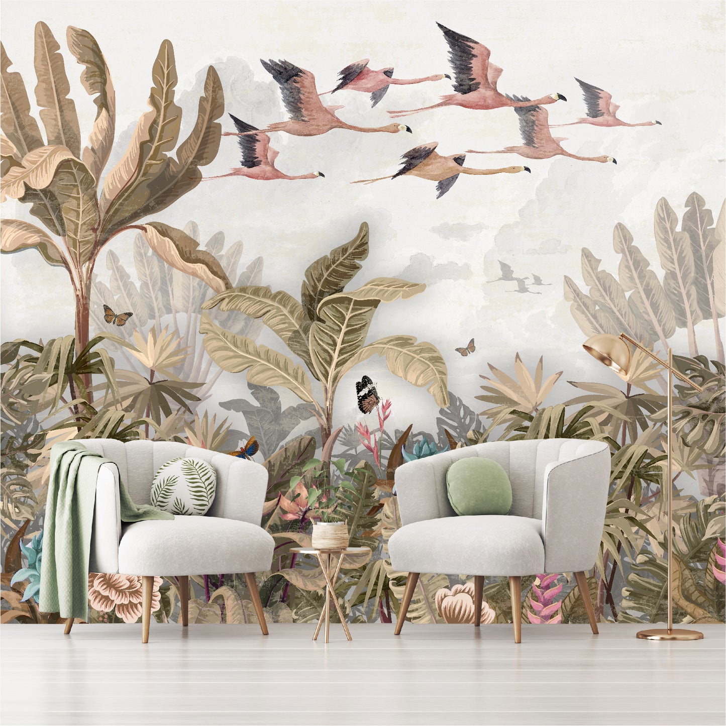 Mural Tropical Flamencos Voladores - MT276