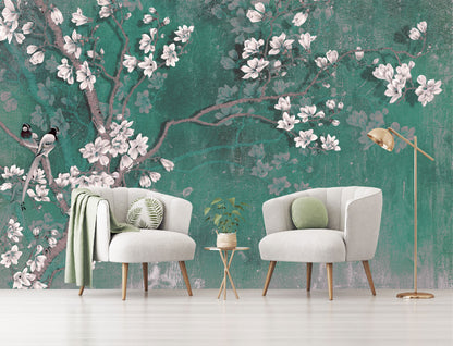 Mural Tropical Árbol con Flores y Pájaros - MT186