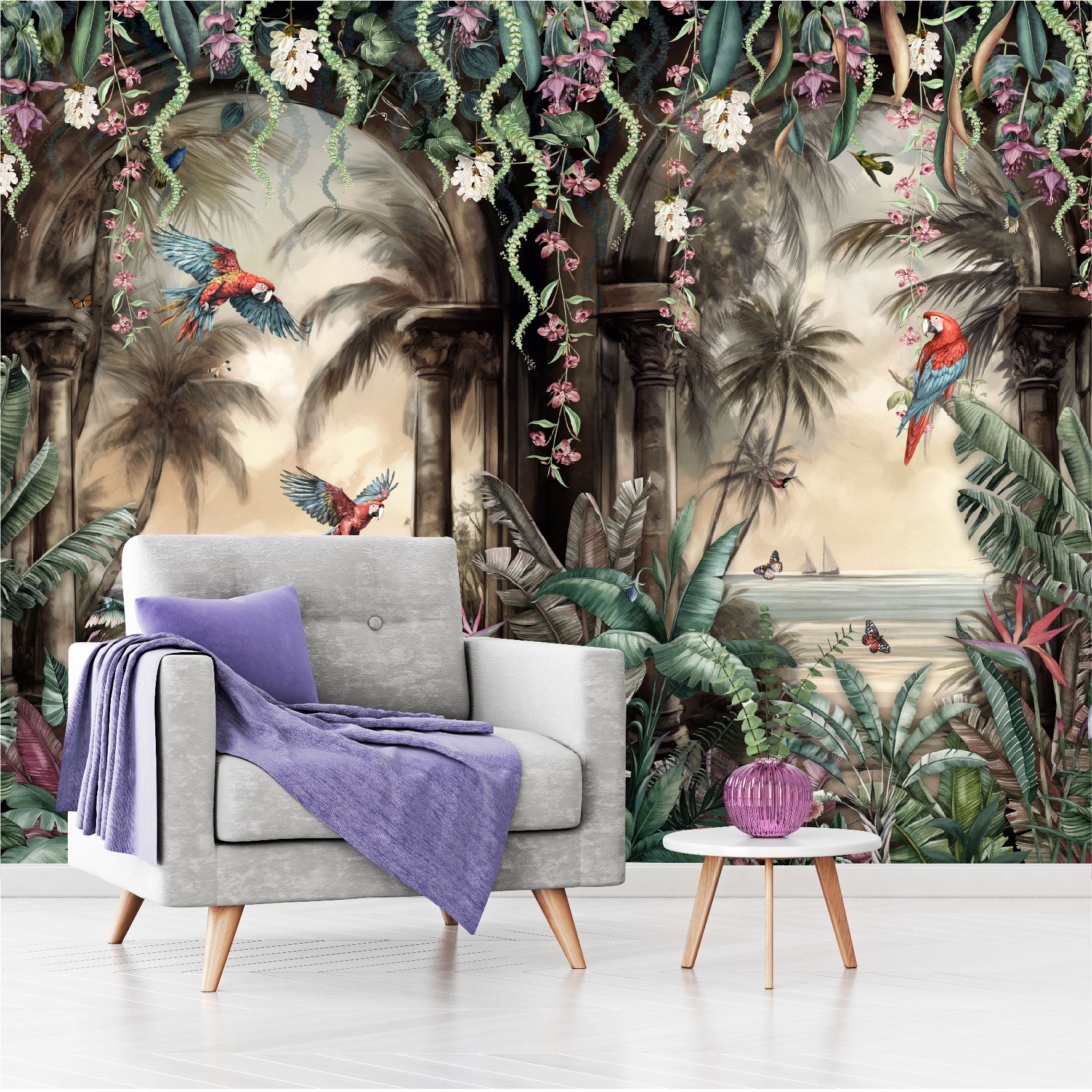 Mural Arco Tropical con loros en el bosque  - MT443