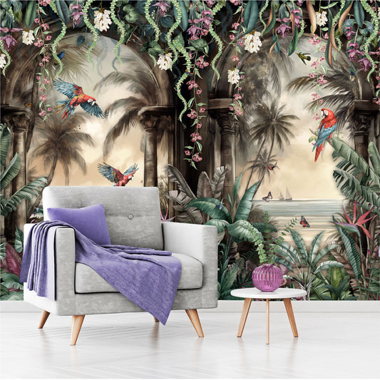 Mural Arco Tropical con loros en el bosque  - MT443