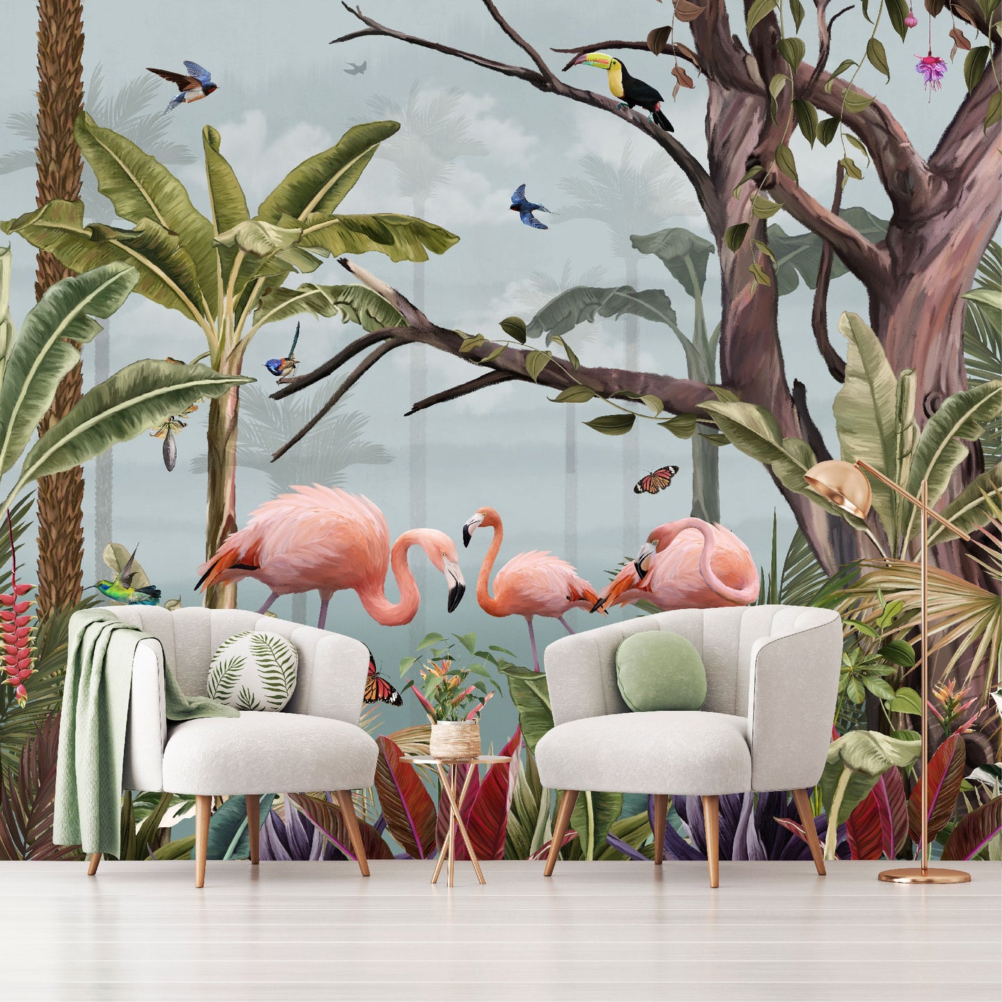 Mural Jungla Tropical con Flamencos - MT499