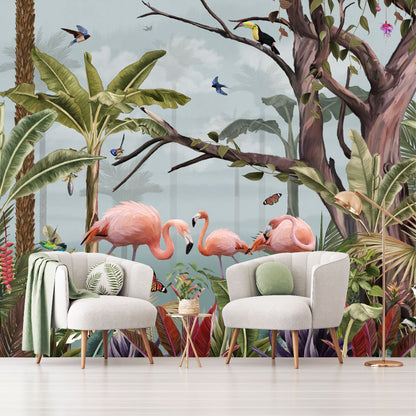 Mural Jungla Tropical con Flamencos - MT499