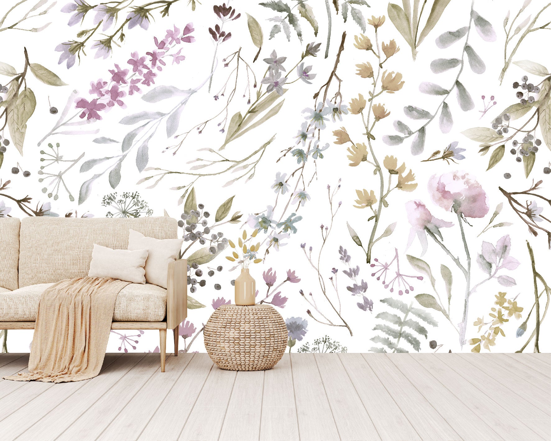 Mural Tropical Flores con Hojas Acuareladas - MT155