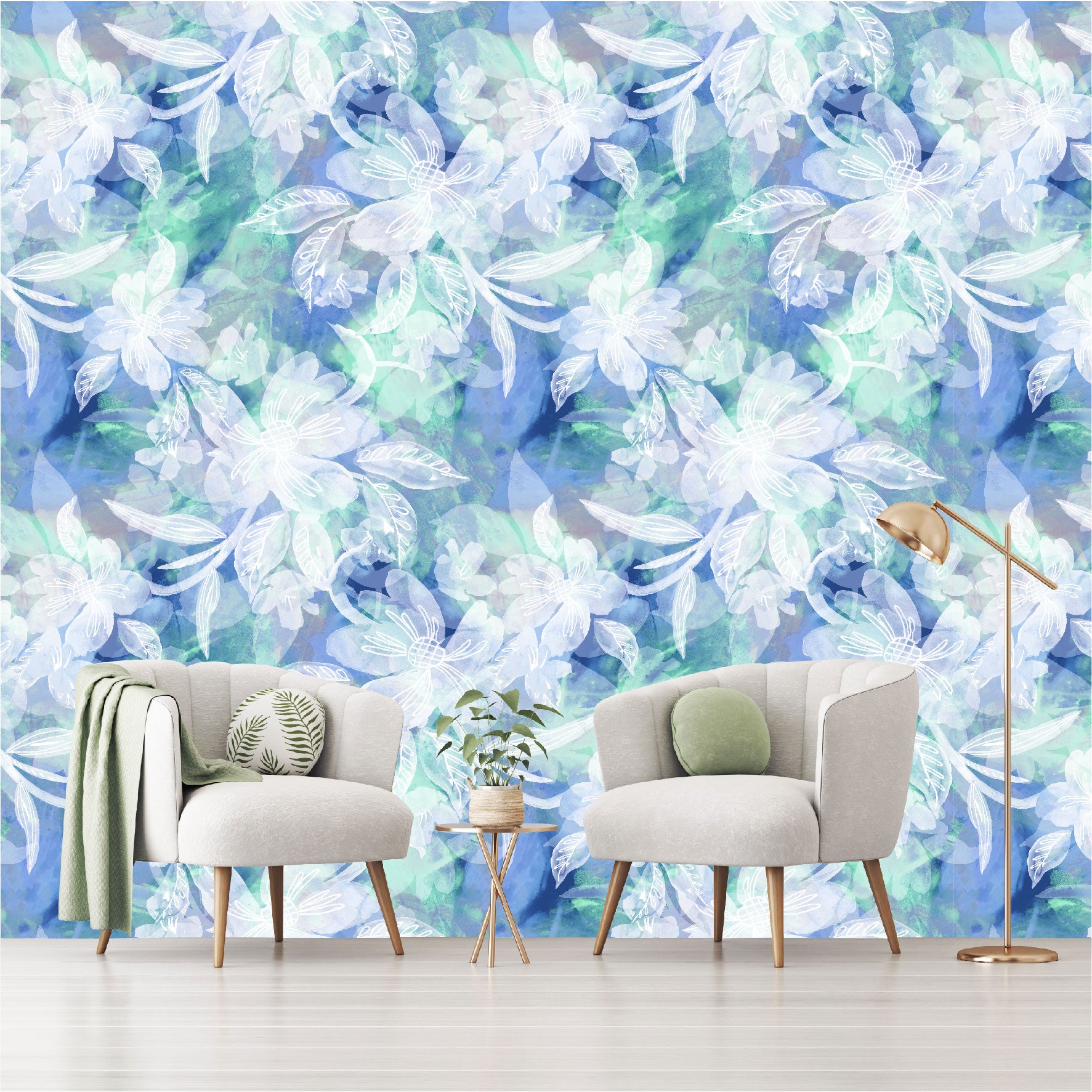 Mural Flores Blancas con fondo acuarelado - MT360