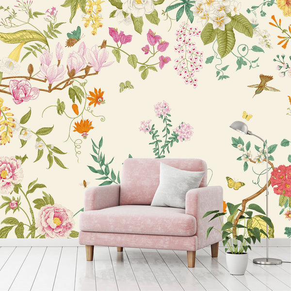 Mural Jardín Tropical con Flores y Mariposas - MT483